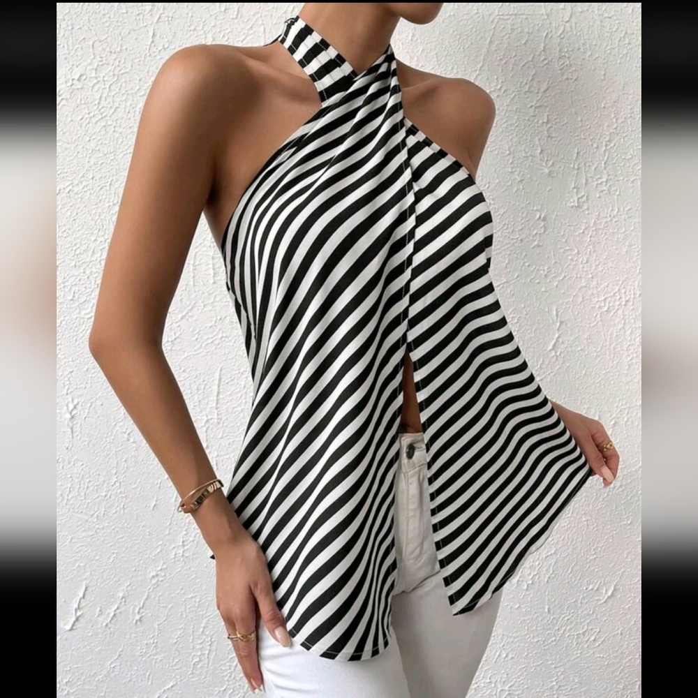 SHEIN Raffinéa Striped Print Crisscross Tie Backless Halter Neck Blouse size L